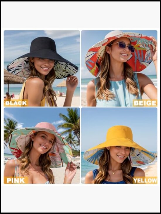 Reversible Bucket Hat Foldable Wide Brim Sun Hat with Chin Strap Summer Travel main image 5